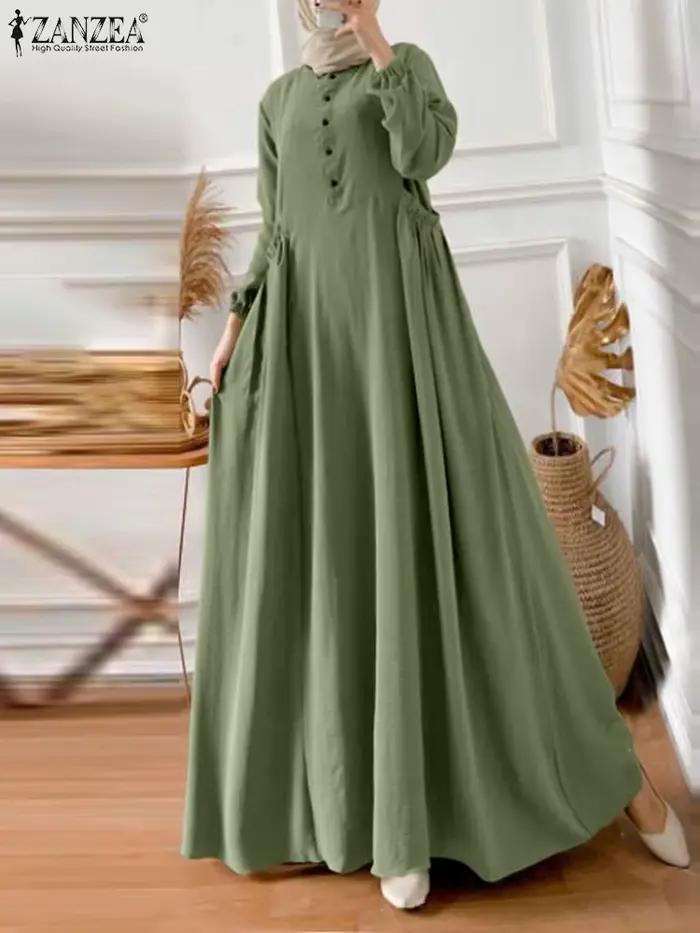 ZANZEA Eid Mubarek Abaya Robe longue musulmane femmes à manches longues Maxi Robe d'été Robe Femme turquie Hijab robes vêtements islamiques