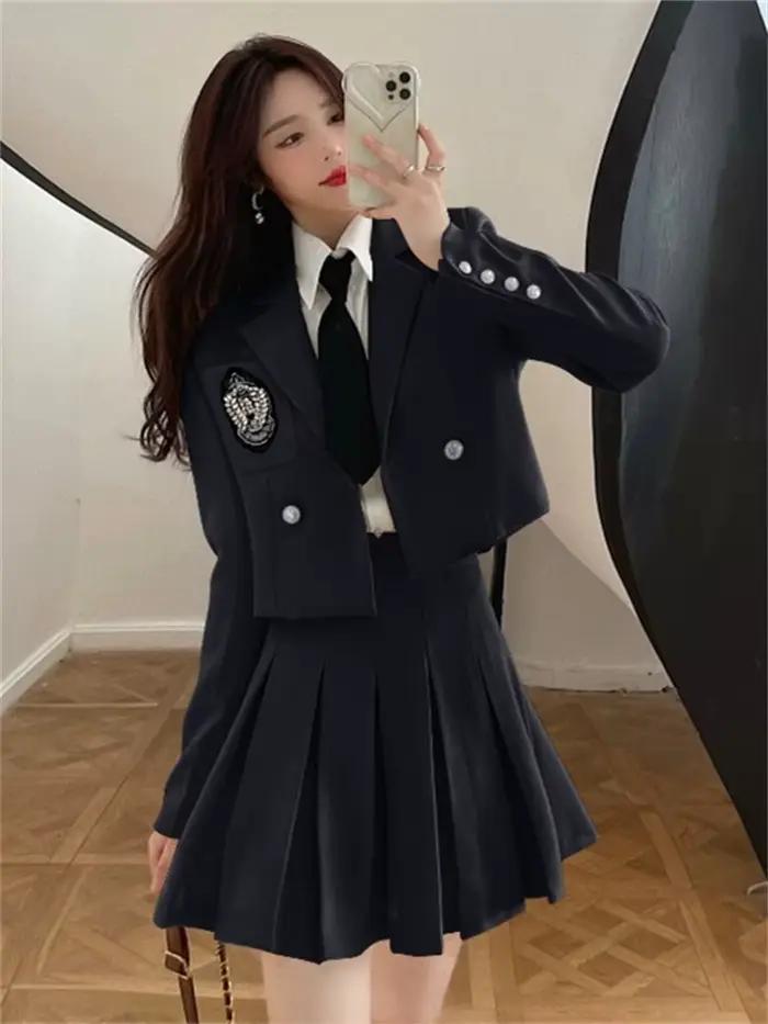 Xgoth Style Preppy jupe ensemble dames Blazer costume + chemise unie avec cravate + taille haute