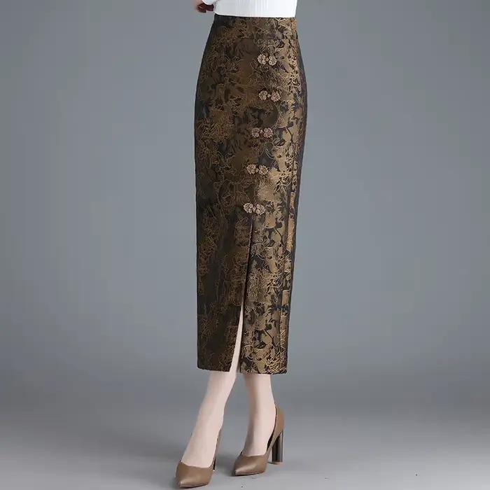 ZUZK Jacquard Noble élégant longue jupe droite nouvelle taille élastique mince automne femmes rétro Wrap mi-longue