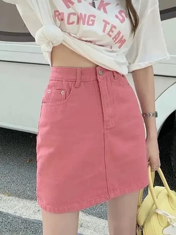Mini Jupe en Jean Rose Doux pour Femme