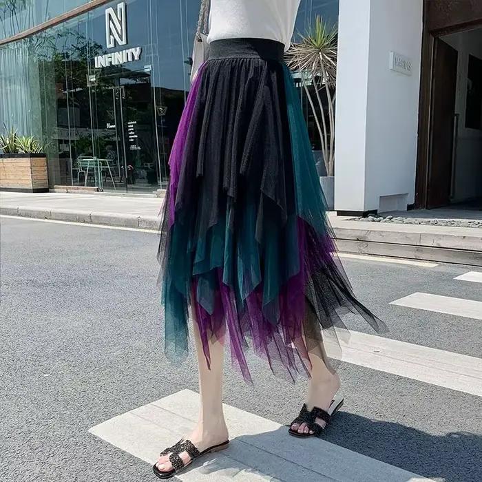 Jupes décontractées Punk Sexy Net fil taille haute jupe irrégulière pour les femmes été nouveau Style gothique européen et américain polyvalent