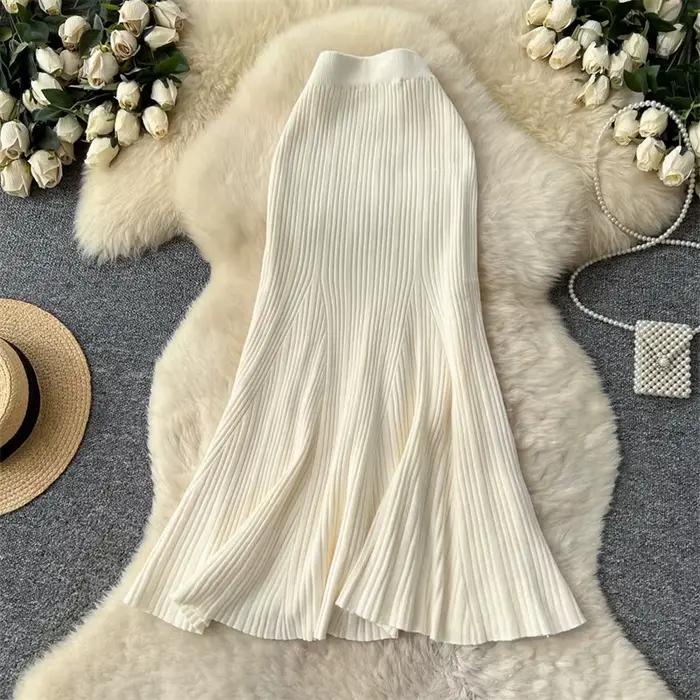 Jupe sirène tricotée française extensible, taille haute, chic et épais, pour femmes, automne hiver, tenue d'anniversaire, matériau coton polyester