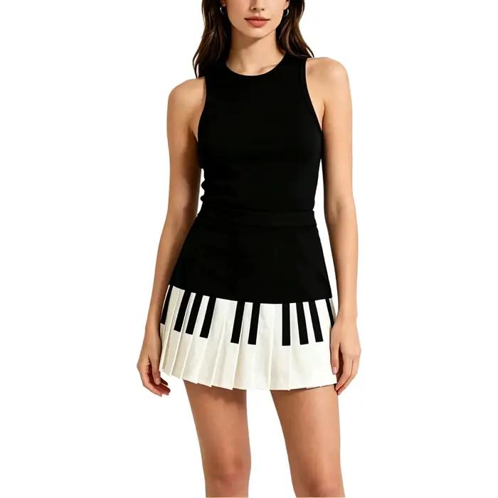 Jupe mi-longue ajustée à motif piano noir et blanc pour femme