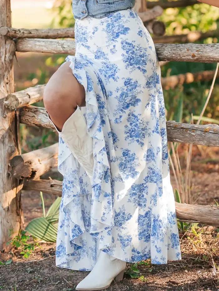 Jupe longue florale blanche et bleue pour femme