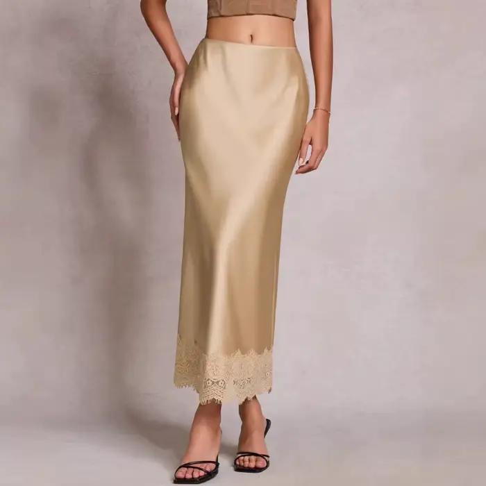 Jupe en satin à dentelle taille haute élastique