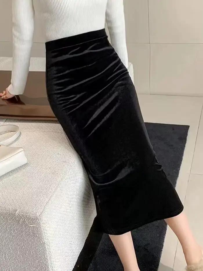 Jupe longue noire en velours pour femmes élégantes à taille haute pour bureau et occasions spéciales automne hiver