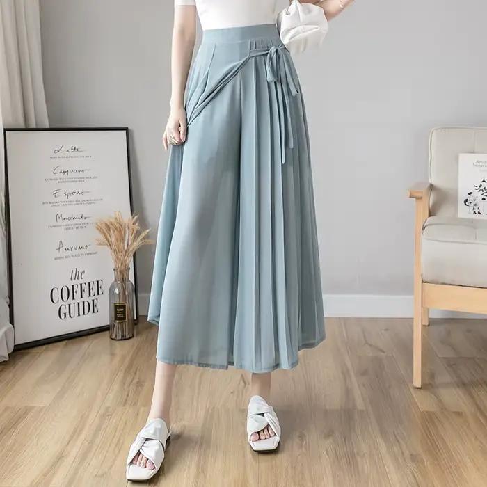 Jupe plissée en mousseline de soie pour femmes, taille haute, décontractée, jambes larges, mode streetwear, été, pantalon longueur cheville, confortable et respirante