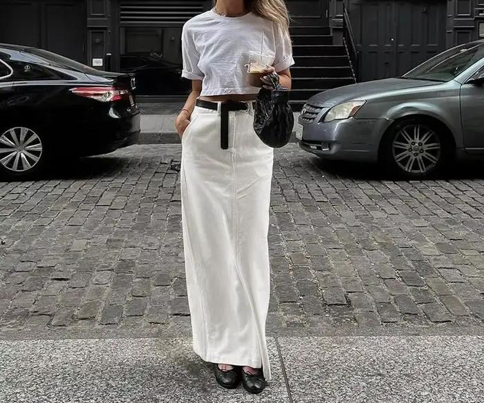 Jupe longue blanche fendue taille haute style spicy girl high street été 2025 polyvalente pour femmes ocassions spéciales