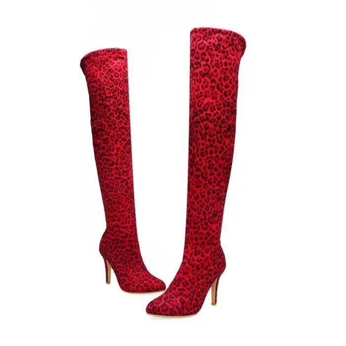 Cuissardes hautes femmes mode Sexy automne hiver talons hauts fins belle jambe petite tête ronde motif léopard bottes longuesK9