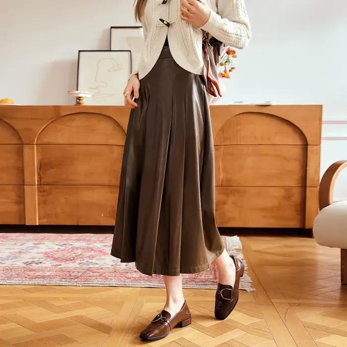 Jupe longue plissée OLrain en cuir synthétique pour femmes, style rétro chic, coupe trapèze décontractée, élégance intemporelle, idéale pour vos journées printanières et automnales