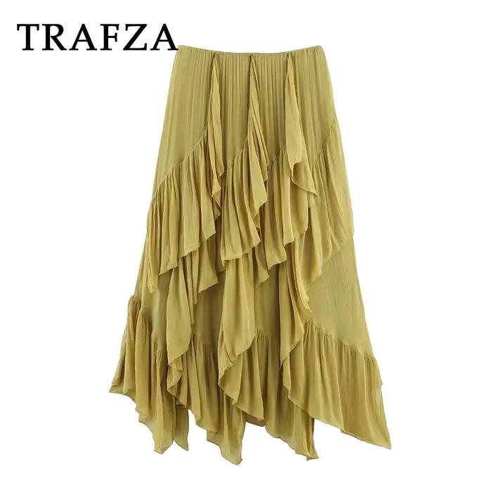 KONDALA Vintage plissé solide vert élégant femme jupes longues mode 2025 été a-ligne taille élastique plis Chic Mujer