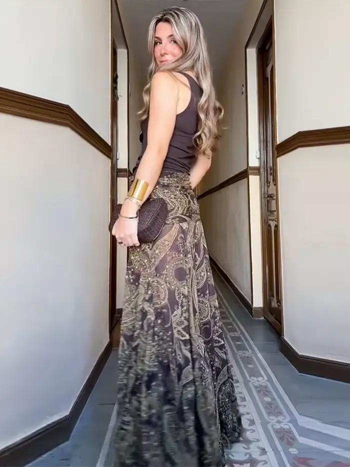 Charmante imprimé mince femmes jupe longue taille haute hanche paquet longueur au sol grandes jupes bohème à la mode dame Streetwear nouveau