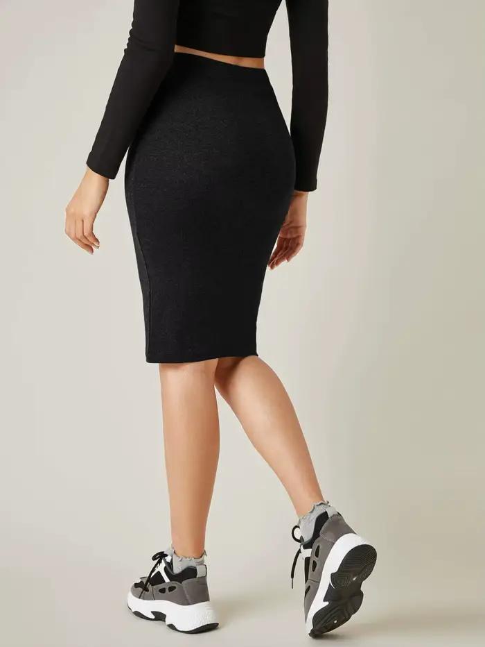 Jupe crayon mi-longue noire taille haute extensible pour femme, style décontracté, matériau extensible, coupe ajustée, adapté pour tous les jours et toutes les saisons
