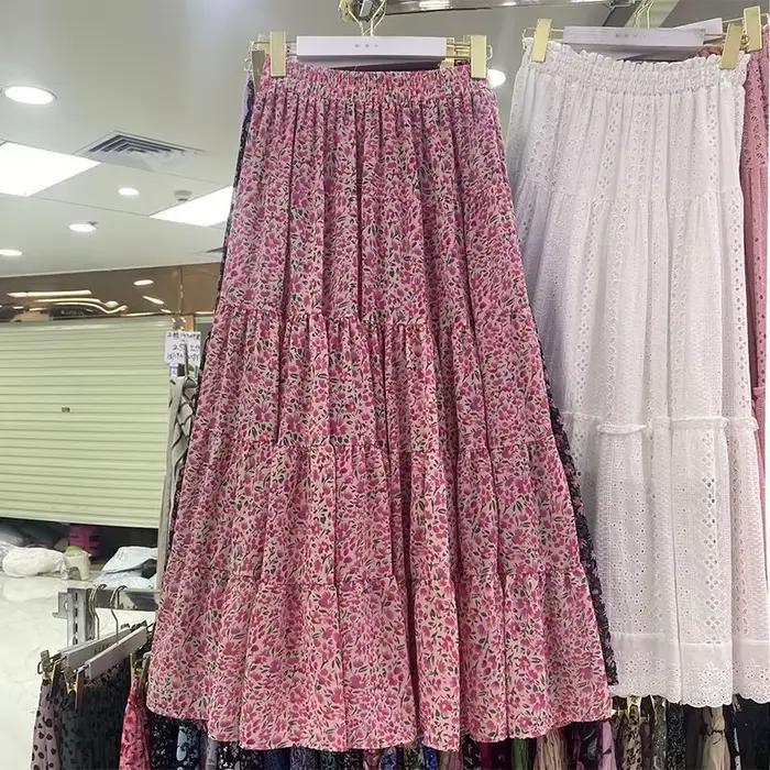Jupe mi-longue à imprimé floral taille haute pour femme, nouveau style coréen amincissant, rétro et polyvalente, idéale pour l'été