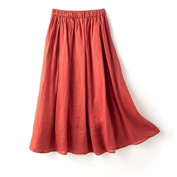 Jupe plissée A-Line pour femmes, mi-longue, décontractée, en coton et lin, polyvalente, pour été, avec poche, silhouette une ligne