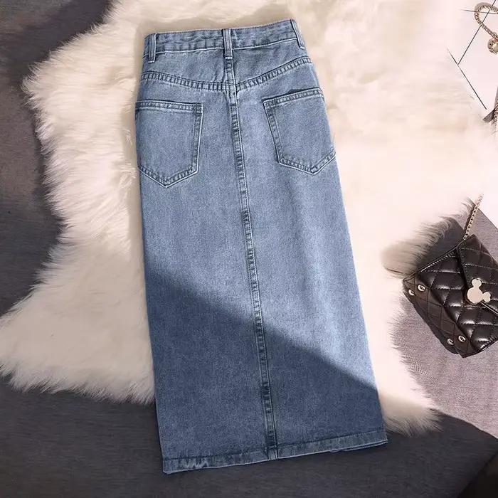 Femmes en détresse Denim jupe épissé enveloppement fesses jupes taille haute lavé solide cheville longueur fermeture éclair mouche poches décontracté