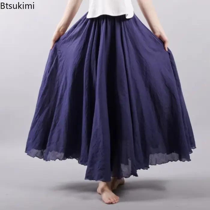 Nouvelles femmes d'été Vintage coton lin jupe solide élastique taille haute tout Match jupes Maxi Style Boho