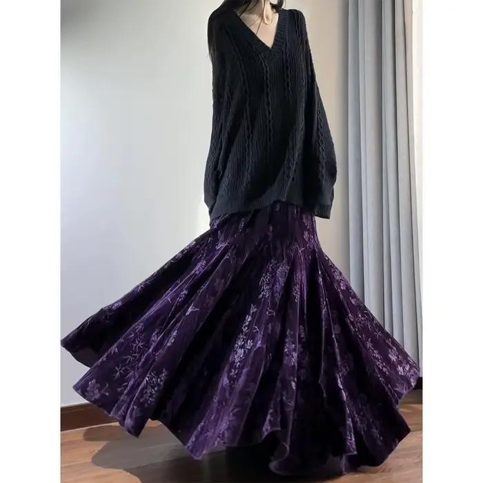 Jupe longue en velours taille haute
