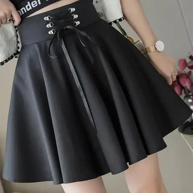 Femmes basique polyvalent évasé décontracté Mini jupe patineuse taille haute école Goth Punk