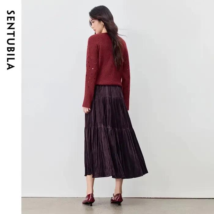 Jupe en velours Sentubila pour femme, élégante jupe à volants, automne-hiver 2026, polyester doux, taille élastique, design moderne, coupe ample trapèze, idéale pour le bureau et les soirées chic