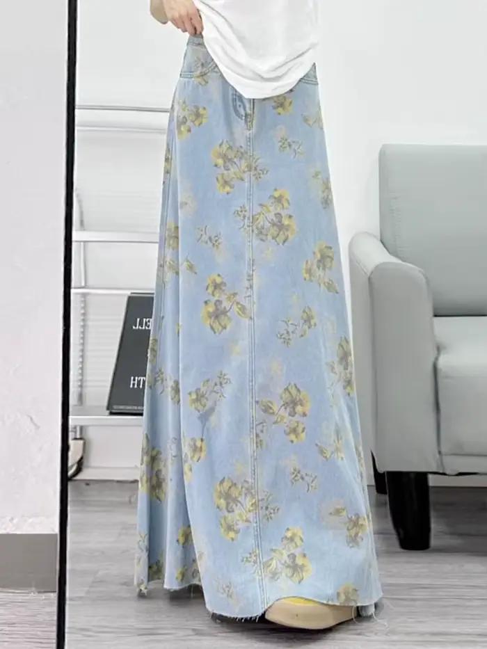Imprimé fleuri Denim jupes longues femmes été mince Maxi jean jupe Vintage taille haute