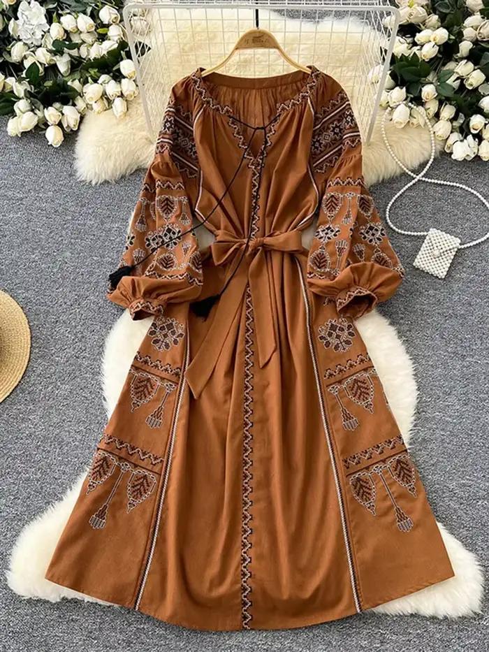 Robe Vintage de Style ethnique pour femmes, manches longues, Slim, ligne a, style Boho, en coton et lin, élégante, brodée, printemps automne