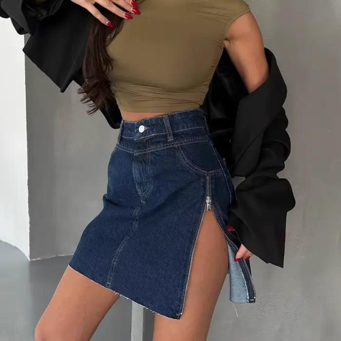 Jupe en jean asymétrique taille haute style euro-américain pour femme