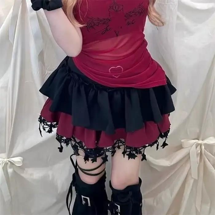 2025 2000s Punk noir rouge Kawaii à volants Mini jupes décontractées Patchwork taille haute gland robe de bal Kpop une ligne sous-culture jupe