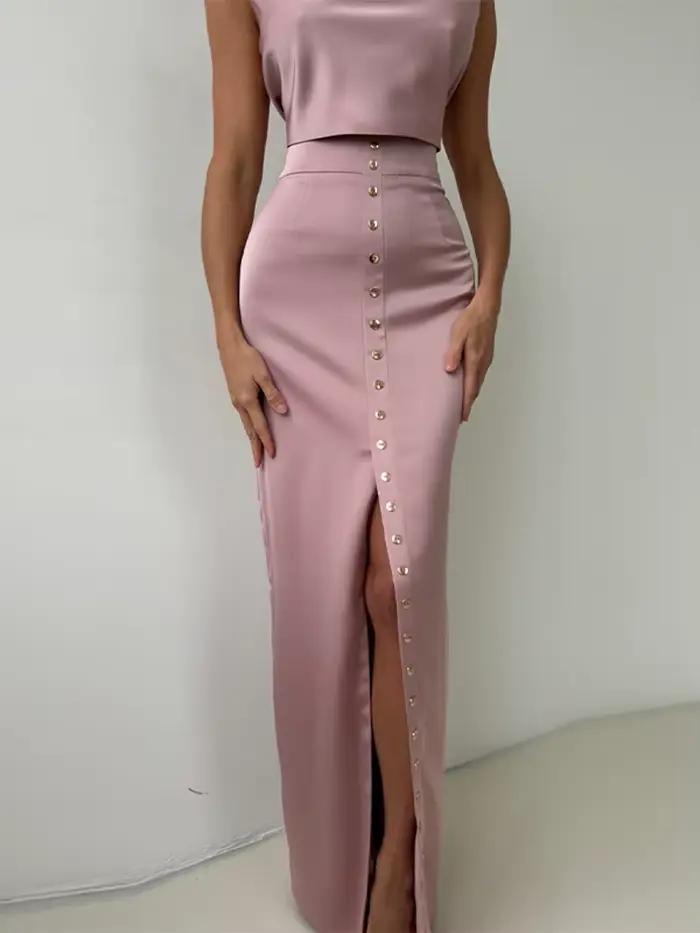 Ensemble de jupes longues en satin hfwomenfz pour femmes, col montant, sans manches, taille haute, fendues, coupe droite, tenues de soirée, printemps 2026