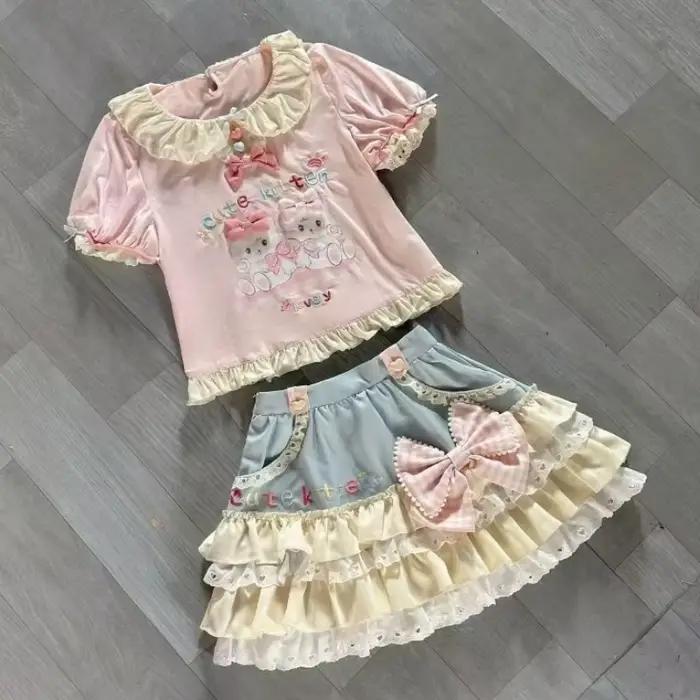 Ensemble jupe et t shirt style lolita kawaii japonais pour femme avec noeud et imprimé chat mini jupes mignonnes effet gâteau y2k harajuku occassions estivales et événements spéciaux