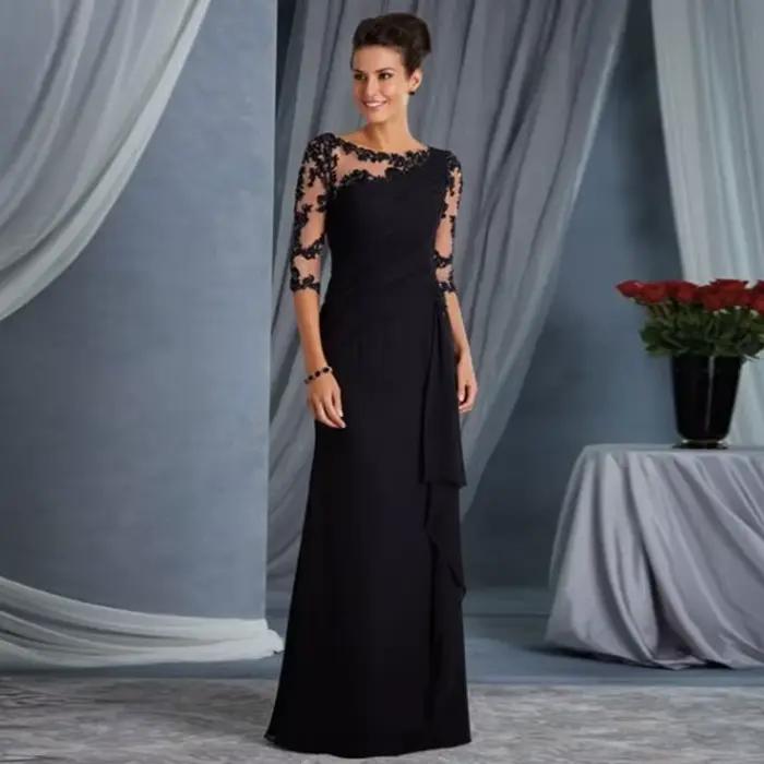 Robe longue élégante en polyester avec dentelle transparente pour femmes, coupe ajustée, col rond, manches mi-longues, idéale pour soirées et journées de travail