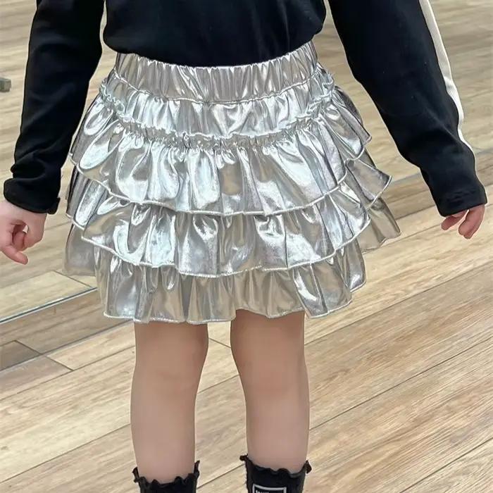 ​ 2025 nouveau printemps filles gâteau jupe automne enfants brillant métallique argent couches Tulle Mini jupe taille élastique enfant en bas âge jupe 2-7 Y