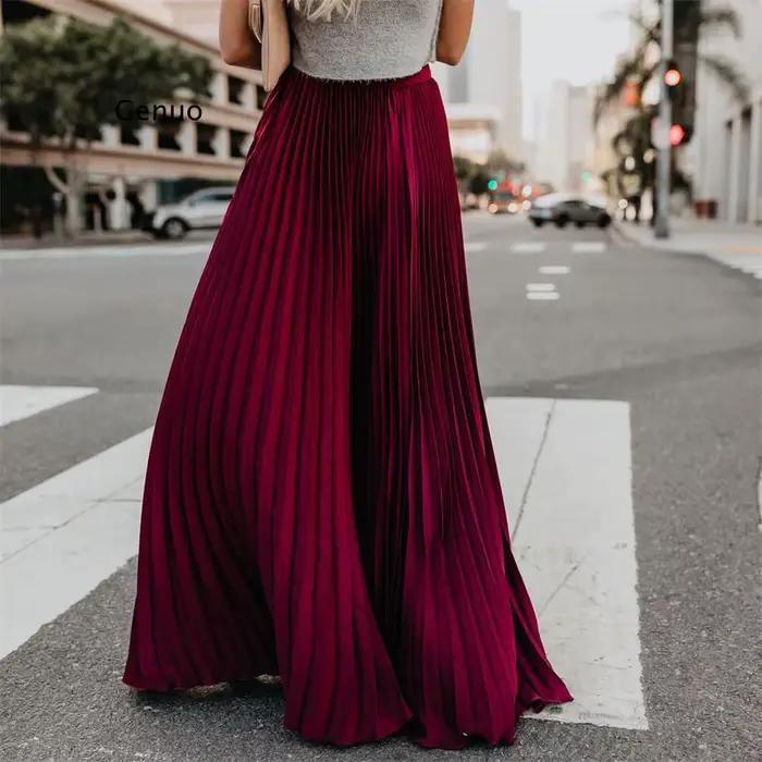 Sexy vin rouge Maxi Jupe plissée femmes mode automne hiver longues jupes plissées Style coréen