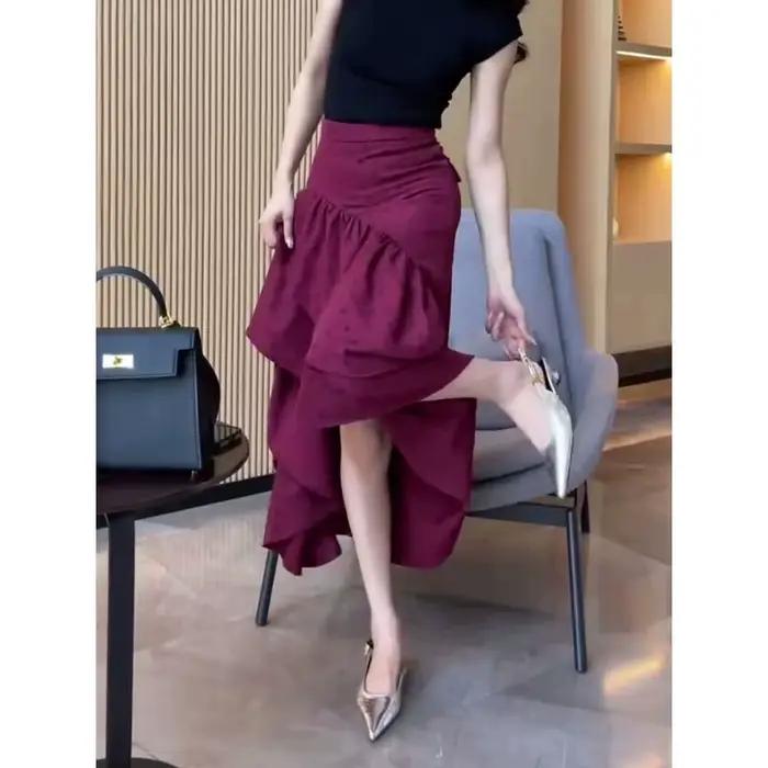 Jupe trapèze femme été 2026, design rétro élégant, à pois irréguliers, nouvelle collection populaire