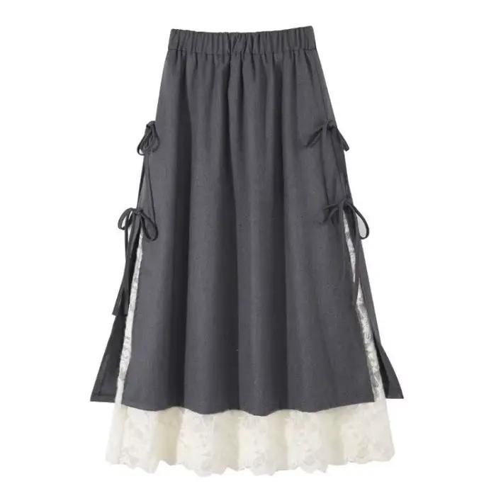 Mori Girl Style Vintage gris dentelle nœud Tweed Maxi jupe automne hiver mode Simple taille haute a-ligne volants