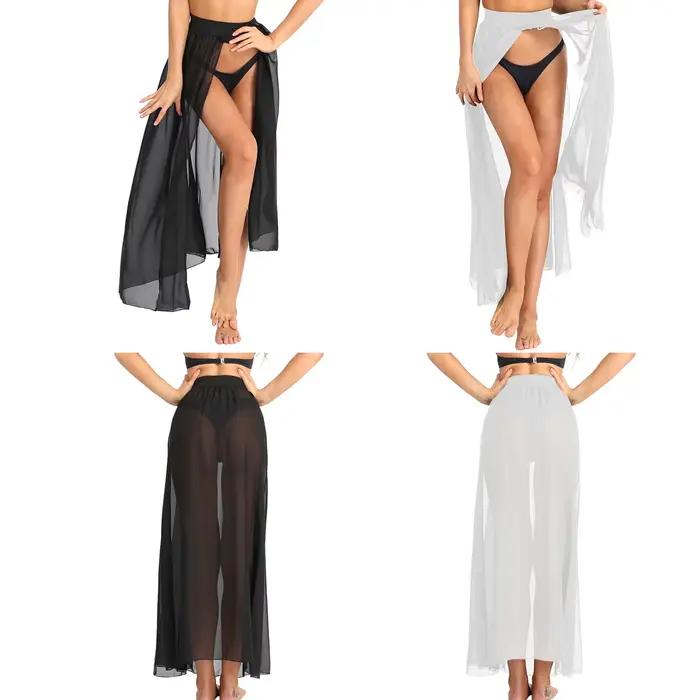 Femmes sexy pure voir à travers les jupes maxi en mousseline de soie haute fente fluide jupe longue transparente bikini couvrir bas piscine fête club