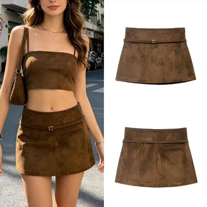 Jupe trapèze marron en daim taille haute amincissante pour femme avec ceinture