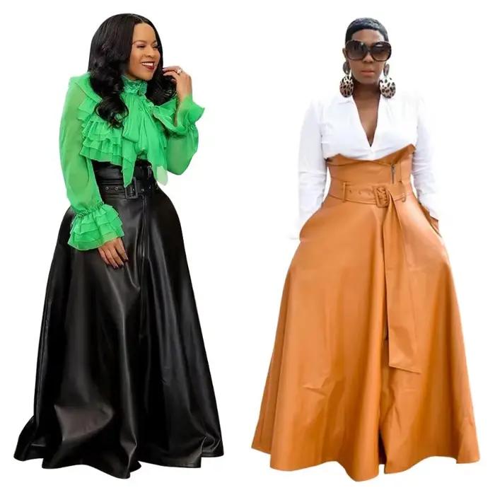 Jupe haute en simili cuir pour femmes, style high street, coupe empire, longueur cheville, matériau PU, ajustement lâche, idéale pour carnavals et soirées festives