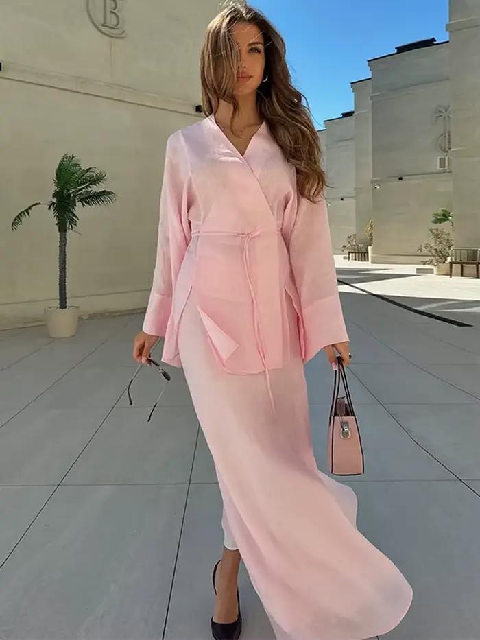 Mode col en v à lacets haut jupe femmes ensemble élégant solide longue chemise sans manches