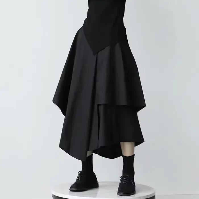Femmes jupes noires japonais gothique irrégulière taille haute jupe plissée pantalon