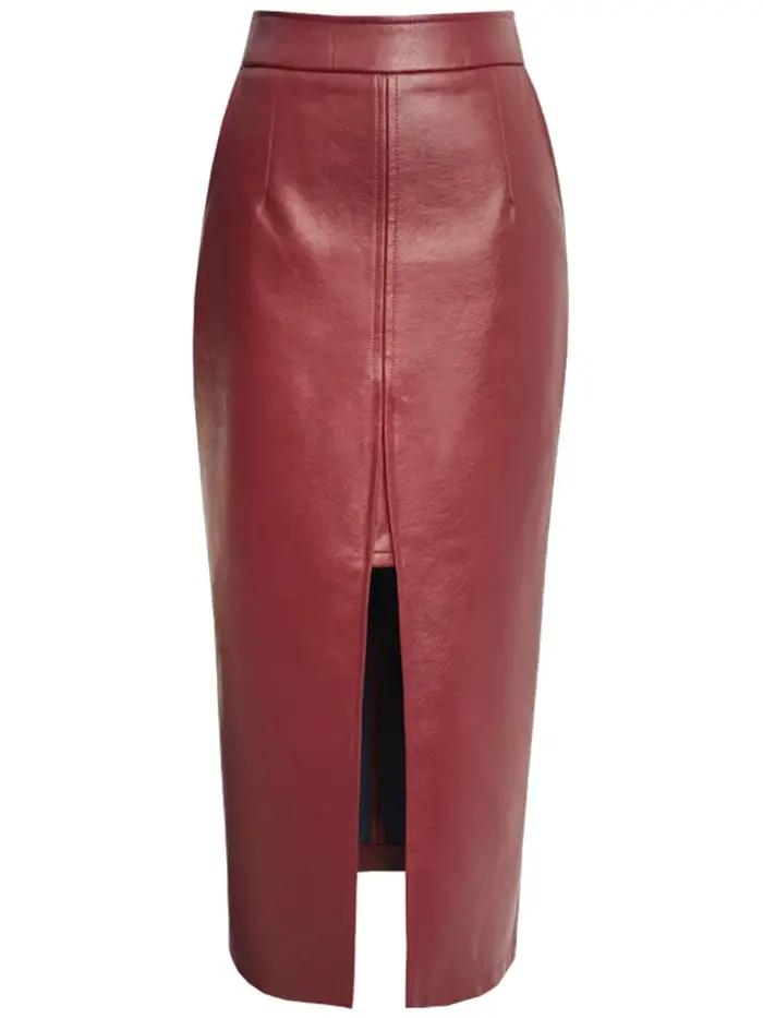Jupe crayon longue en similicuir souple Lautaro pour femme avec fentes avant et poches