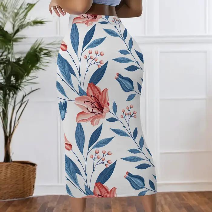 Jupe à imprimé floral, motif de feuilles bleues