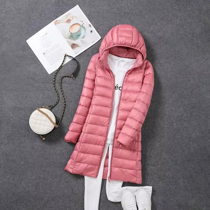 Doudoune longue ultra légère pour femme, automne, hiver, fermeture éclair à manches longues, poignées à capuche coréennes, vêtements d'extérieur en Y amovibles