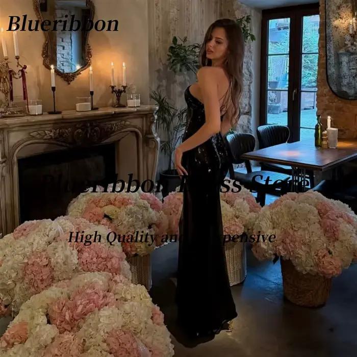 Robe de demoiselle d'honneur Blueribbon pour mariage, col halter, dos sexy, robes de bal longues à sequins, robes de soirée personnalisées