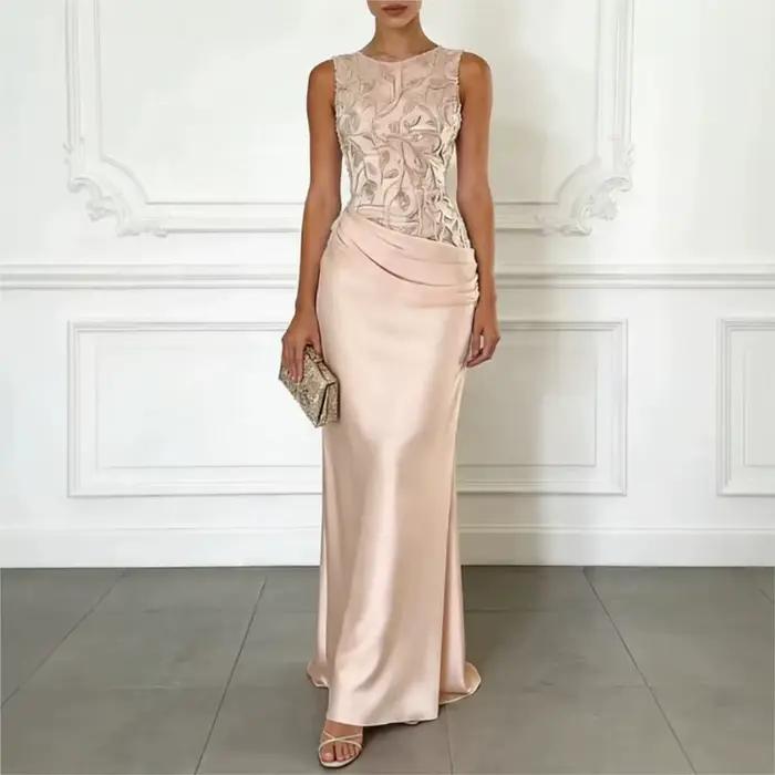 Robes de soirée roses élégantes pour femmes, col rond, sans manches, longueur au sol, avec appliques, pour occasions spéciales, robes de bal, Vestido