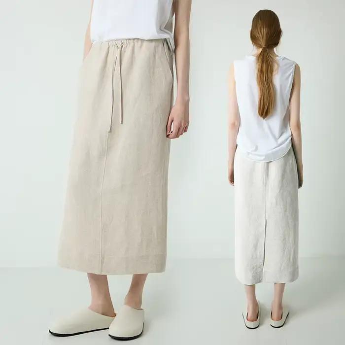 100% lin jupes droites en vrac femmes été taille haute élastique Simple décontracté fendu moitié ample mode Streetwear jupe blanche