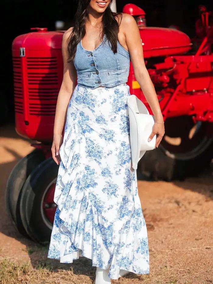 Jupe longue florale blanche et bleue pour femme