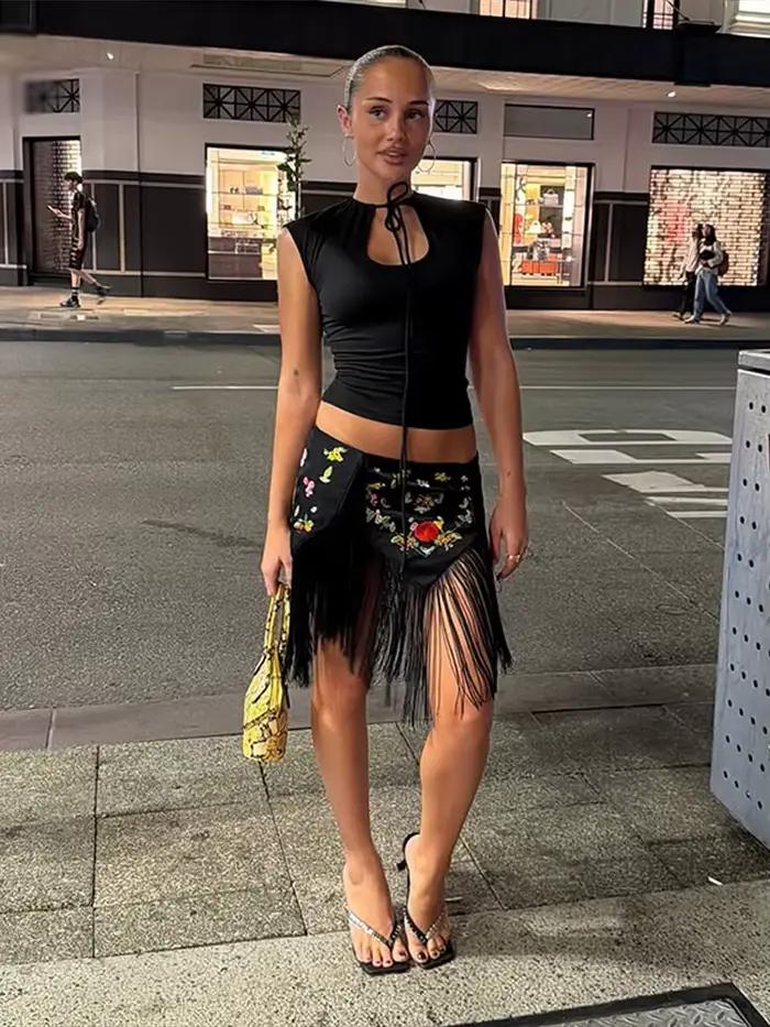 Jupe Courte Irrégulière Chic pour Femme avec Broderie et Franges