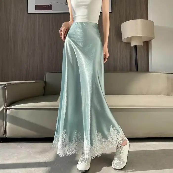 Jupe Sirène en Satin et Dentelle Polyester Taille Haute Coupe Trapèze Élégante Femme Occasions Spéciales