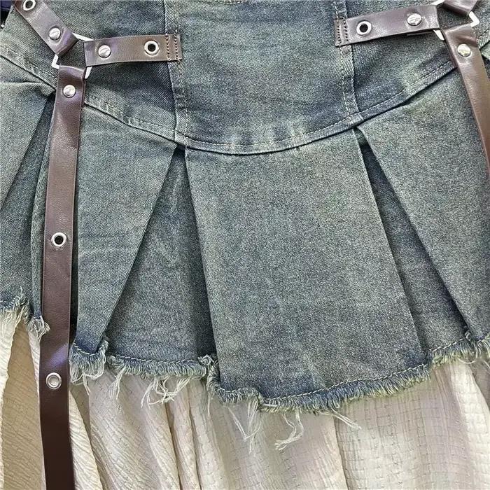 Jupe plissée en Denim épissé rétro pour femmes